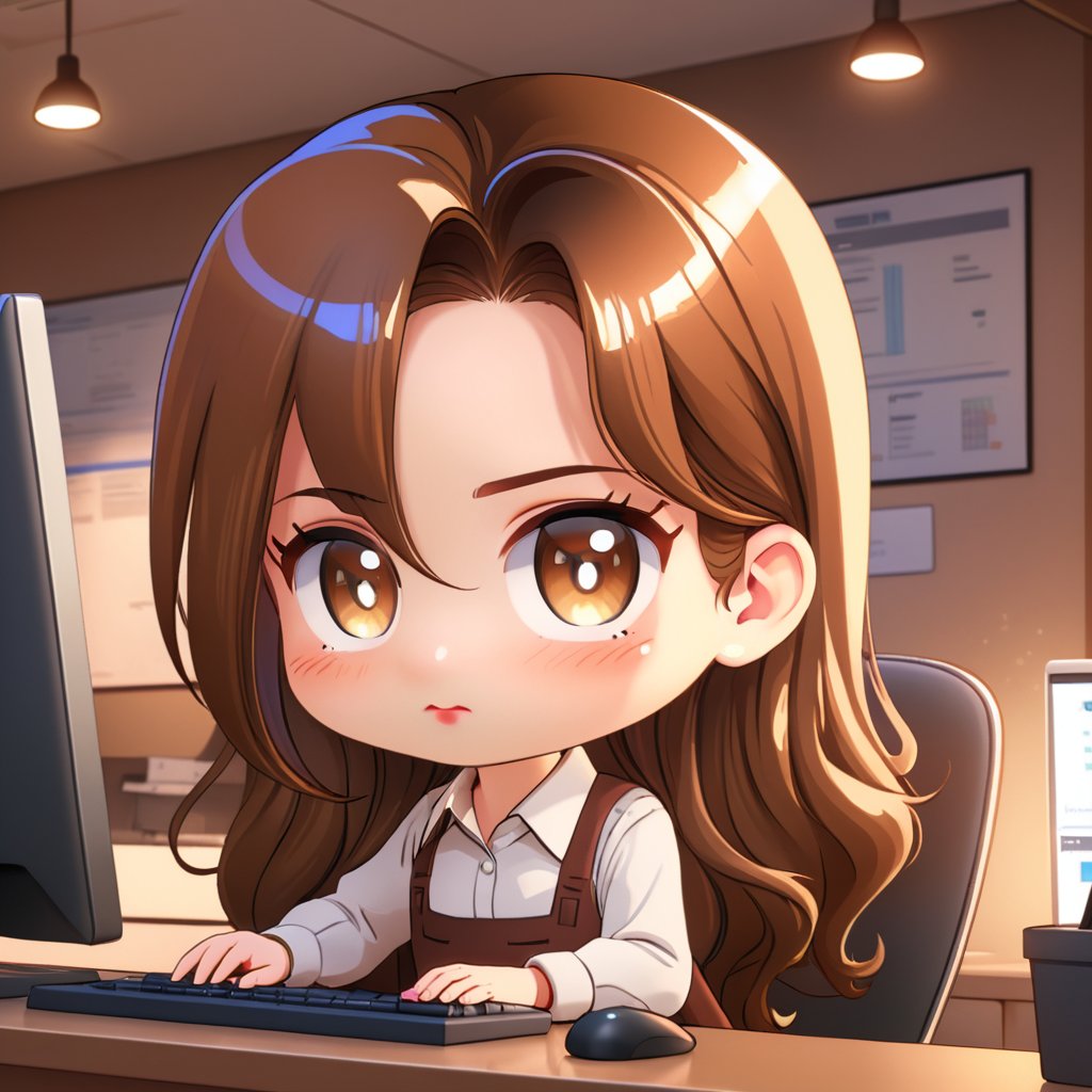 (Best Quality, 8K, Extraordinary Details, Masterpiece), (Highly Realistic, Photorealistic) A lovely young woman with mesmerizing brown eyes and long sparkling hair. A cute girl in a working outfit looks like she's typing work on a computer. Chic and unique Very hasty behavior The background is an office room. In the morning Chibi characters 2D
