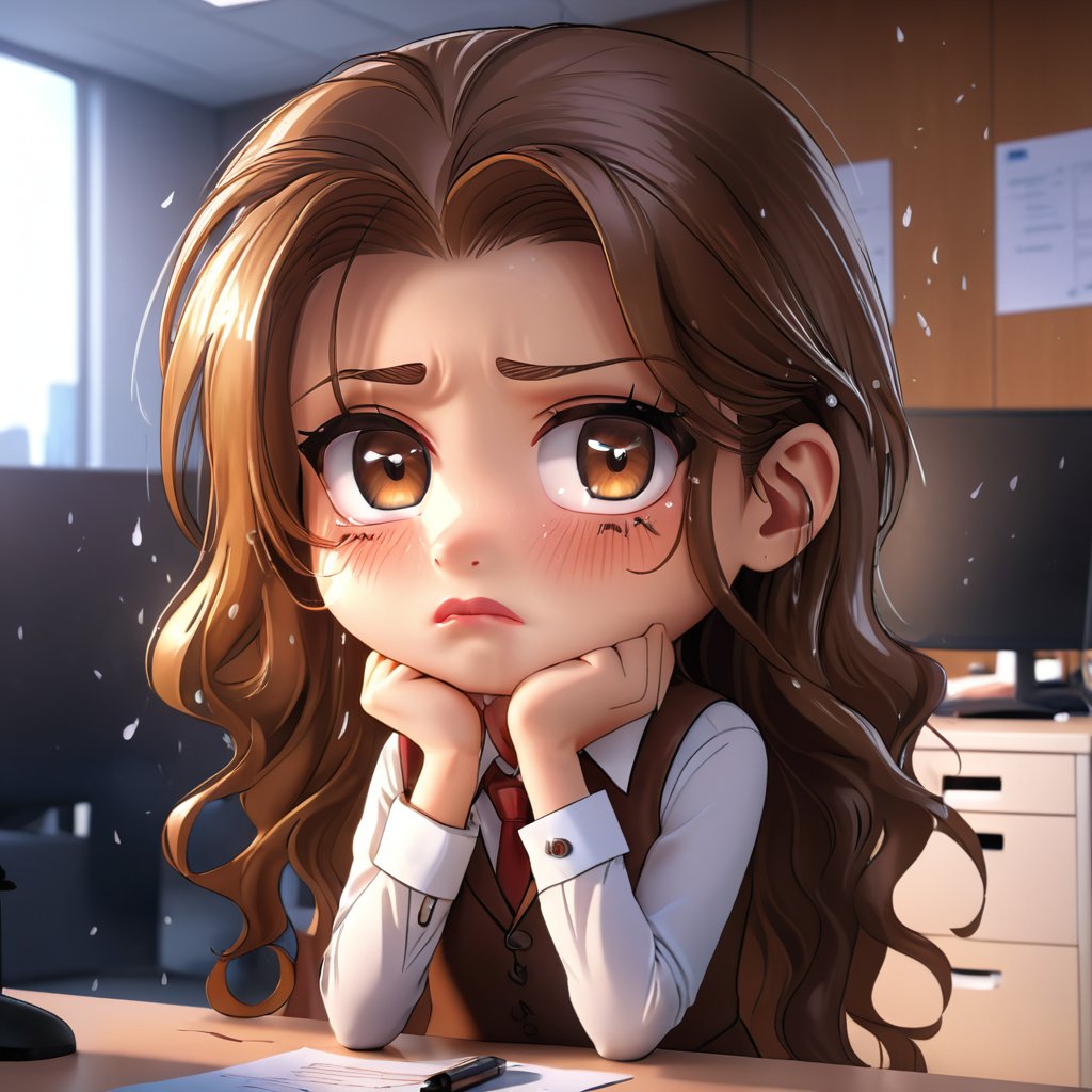 (Best Quality, 8K, Extraordinary Details, Masterpiece), (Highly Realistic, Photorealistic) A lovely young woman with mesmerizing brown eyes and long sparkling hair. A girl in a very cute working outfit, with a sad expression, crying behavior, sitting and rubbing her eyes, crying, tears falling out. And there is a confused mark. The background is an office room. In the morning chibi characters 1D