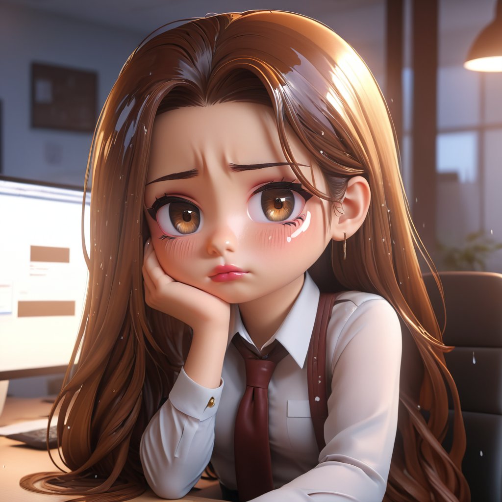 (Best Quality, 8K, Extraordinary Details, Masterpiece), (Highly Realistic, Photorealistic) A lovely young woman with mesmerizing brown eyes and long sparkling hair. A girl in a very cute working outfit, with a sad expression, crying behavior, sitting and rubbing her eyes, crying, tears falling out. And there is a confused mark. The background is an office room. In the morning chibi characters