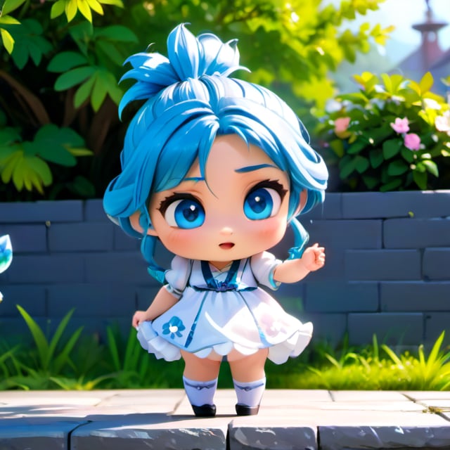 (Best Quality, 8K, Extraordinary Details, Masterpiece), (Highly Realistic, PhotorealisticMasterpiece, best qualityMasterpiece, best quality, Masterpiece, best quality, Masterpiece, best quality Masterpiece, best quality Masterpiece, best quality 1 chibi, SD, girl, one figure. Body shape: big head, small body, short legs, short sleeves, cute, long hair, pose. Crying, laughing brightly, tears flowing, blue eyes, sparkling blue, pink hair, white dress, very long hair, standing, full body, short braid, sleeves, high heels, socks, raised hands, gray background, double braid, white dress, backdrop, outdoor, flowers sky sunlight chibi style Disneypixar 3D baby Score_9_up Yae Miko Score_8_up cartoon anime graffiti PVC Figma chibi style Disney Pixar style