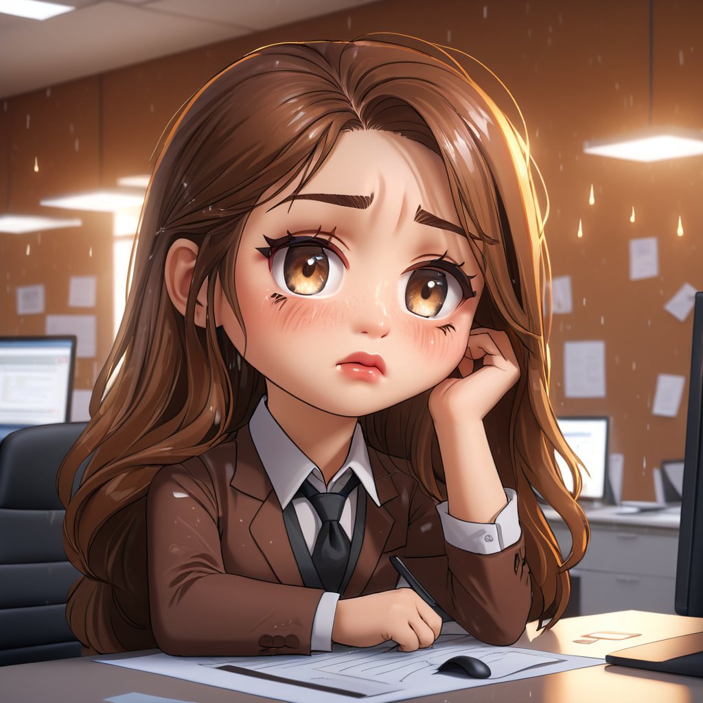 (Best Quality, 8K, Extraordinary Details, Masterpiece), (Highly Realistic, Photorealistic) A lovely young woman with mesmerizing brown eyes and long sparkling hair. A girl in a very cute working outfit, with a sad expression, crying behavior, sitting and rubbing her eyes, crying, tears falling out. And there is a confused mark. The background is an office room. In the morning chibi characters 2D