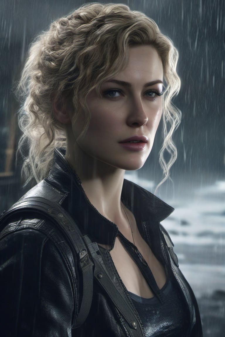 Beautiful girl, ((Resident Evil 8)), ((Mother Miranda)), female, pale grayish skin, blonde curly wavy hair ((not in a ponytail)) , jewelry, vampire with Cadou implanted, Dimitrescu on forehead like her sisters, raining, ((closeup)), movie scene, freckles, detailed, hdr, high quality, movie still, detail,ADD MORE DETAIL