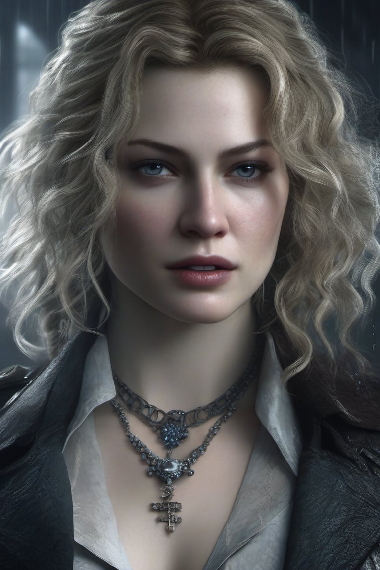 Beautiful girl, ((Resident Evil 8)), ((Mother Miranda)), female, pale grayish skin, blonde curly wavy hair ((not in a ponytail)) , jewelry, vampire with Cadou implanted, Dimitrescu on forehead like her sisters, raining, ((closeup)), movie scene, freckles, detailed, hdr, high quality, movie still, detail,ADD MORE DETAIL