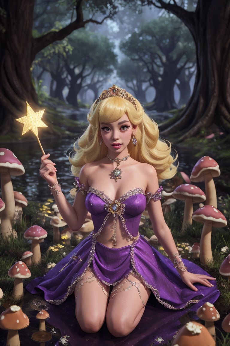 A similar magical fairy with blonde hair and a movie actress hairstyle, a purple outfit adorned with ornaments and jewels like a visa pasted on that highlights the beautiful curves of her body, with light skin that is almost shiny, holding a magic wand in the shape of of a star that shines and radiates its light in the environment of an enchanted forest full of mushrooms and imposing, centuries-old trees, the night illuminated by the light reflecting in a lake on the ground, a professional digital illustration style, HQ style.