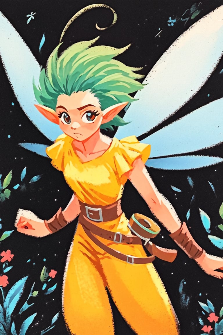 score_9, score_8_up, score_7_up BREAK 1girl, solo focus, source_anime, BREAK
1girl, solo, fairy, green hair, short hair, ahoge, wings, pointy ears, belt, yellow shirt, yellow pants, wrist guards, ncpy13 style, pastels drawing