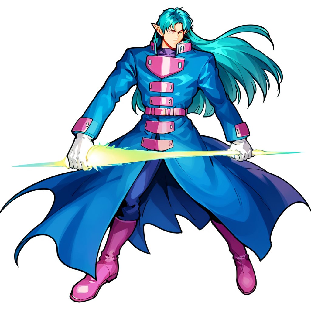 score_9, score_8_up, score_7_up, masterpiece, best quality, absurdres, BREAK 
1boy, solo, simple background, white background, full body, long hair, aqua hair, bangs,blue coat, longcoat, long sleeves,white gloves, pointy ears,holding weapon, energy sword, pink boots, cowboy shot