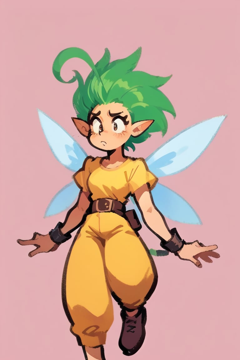 score_9, score_8_up, score_7_up BREAK 1girl, solo focus, source_anime, BREAK simple background, pink background
1girl, solo, fairy, green hair, short hair, ahoge, wings, pointy ears, belt, yellow shirt, yellow pants, wrist guards,