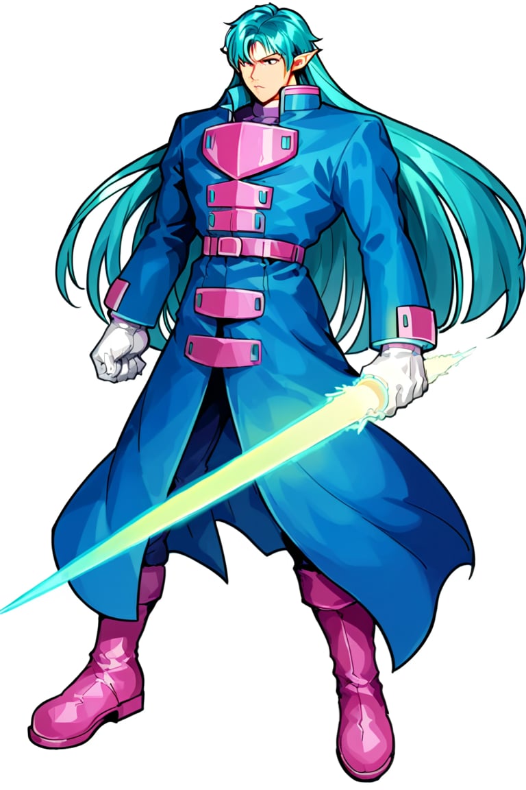 score_9, score_8_up, score_7_up, masterpiece, best quality, absurdres, BREAK 
1boy, solo, simple background, white background, full body, long hair, aqua hair, bangs,blue coat, longcoat, long sleeves,white gloves, pointy ears,holding weapon, energy sword, pink boots, cowboy shot