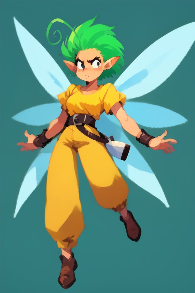 score_9, score_8_up, score_7_up BREAK 1girl, solo focus, source_anime, BREAK
1girl, solo, fairy, green hair, short hair, ahoge, wings, pointy ears, belt, yellow shirt, yellow pants, wrist guards,sgStyle