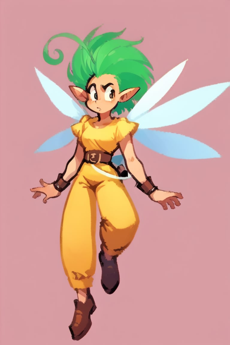 score_9, score_8_up, score_7_up BREAK 1girl, solo focus, source_anime, BREAK simple background, pink background
1girl, solo, fairy, green hair, short hair, ahoge, wings, pointy ears, belt, yellow shirt, yellow pants, wrist guards,