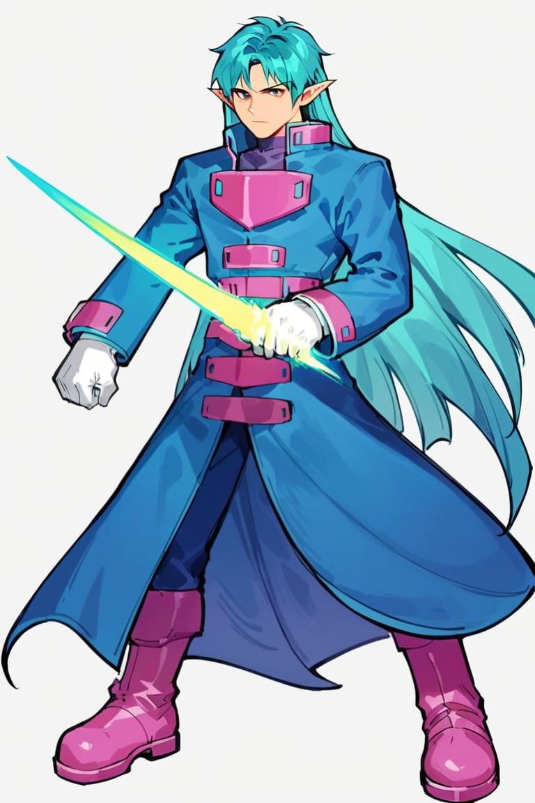 score_9, score_8_up, score_7_up, masterpiece, best quality, absurdres, BREAK 
1boy, solo, simple background, white background, full body, long hair, aqua hair, bangs,blue coat, longcoat, long sleeves,white gloves, pointy ears,holding weapon, energy sword, pink boots, cowboy shot