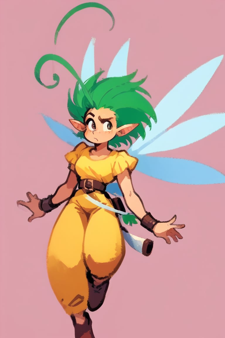 score_9, score_8_up, score_7_up BREAK 1girl, solo focus, source_anime, BREAK simple background, pink background
1girl, solo, fairy, green hair, short hair, ahoge, wings, pointy ears, belt, yellow shirt, yellow pants, wrist guards,