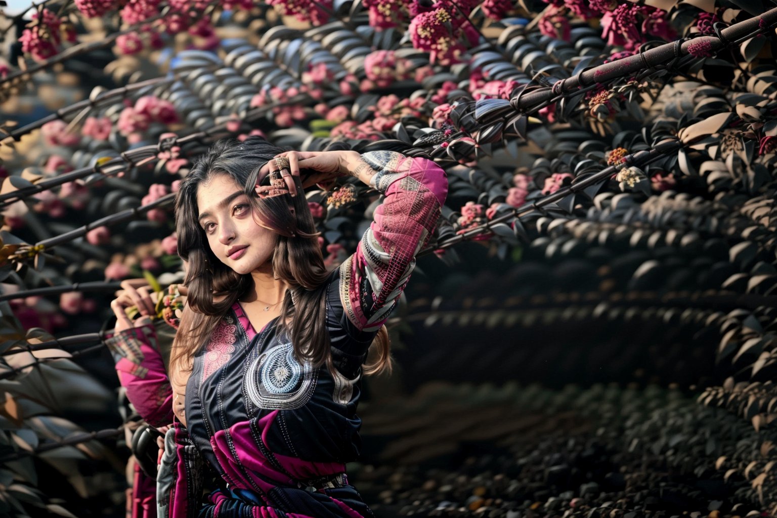 lovely cute young attractive teenage girl, 16 years old,big eyes cute, an Instagram model, long black_hair, colorful hair, winter, dacing, wear  pink salwar kameez, 4K resolution