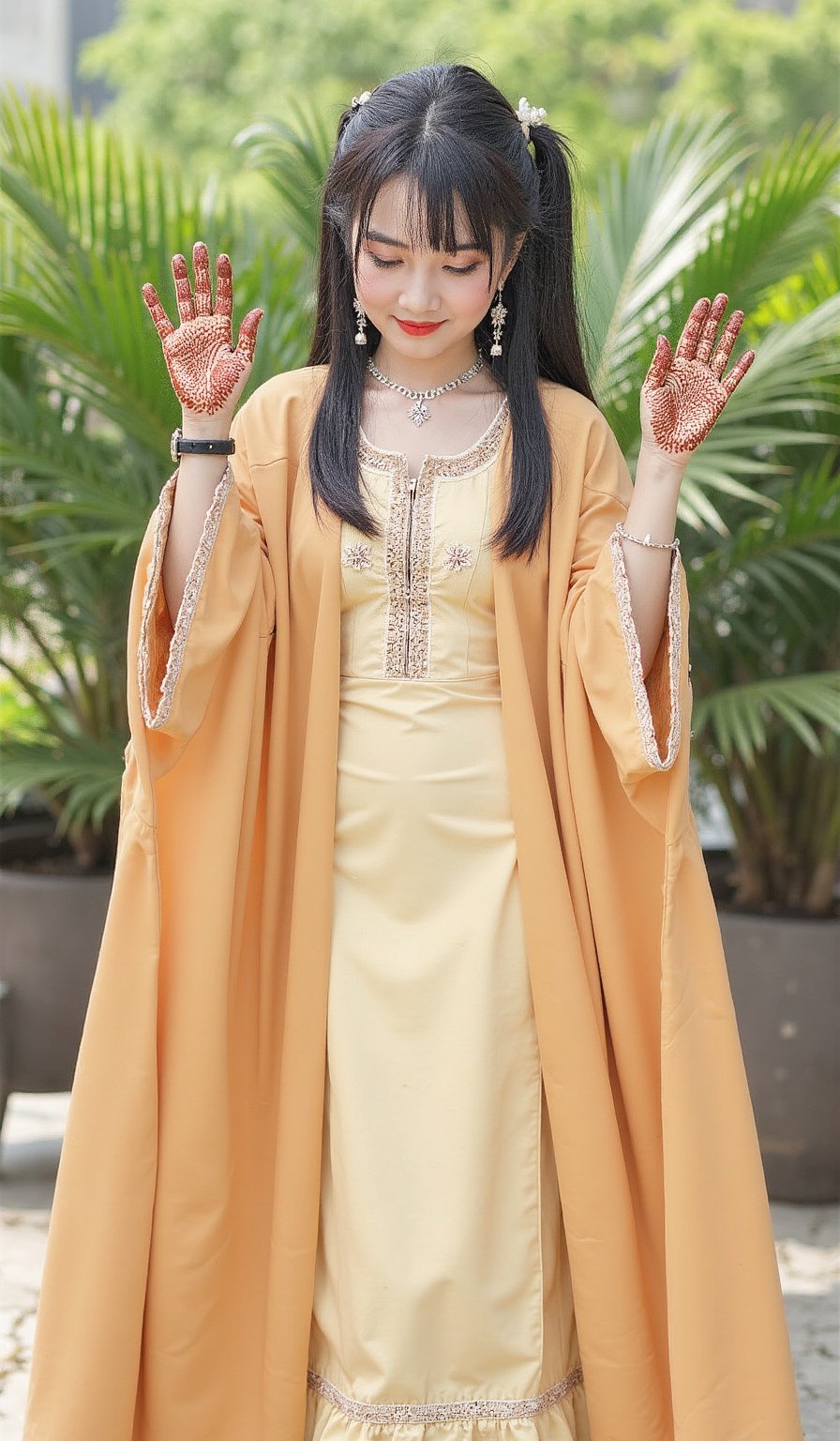 1girl, solo, looking at viewer, smile, kurti and dupatta, black hair, jewelry, standing, full body, earrings, outdoors, wide sleeves, mehndi on hand, showing mehndi, hands up, plant, long kurti, photo background