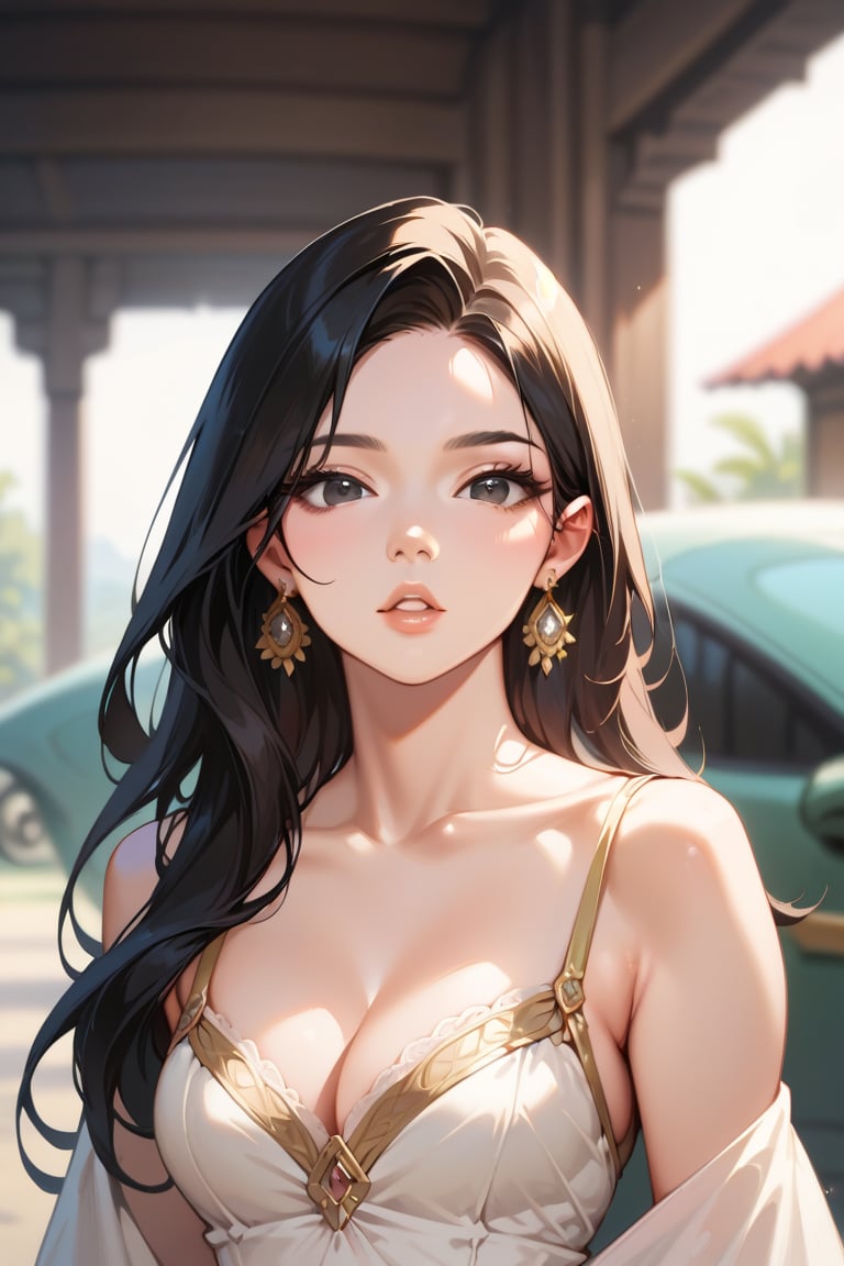 score_9,score_8_up,score_7_up, 1girl, solo, long hair, breasts, looking at viewer, black hair, cleavage, medium breasts, upper body, Earrings, parted lips, solo focus, blurry, black eyes, lips, blurry background, ground vehicle, realistic, nose