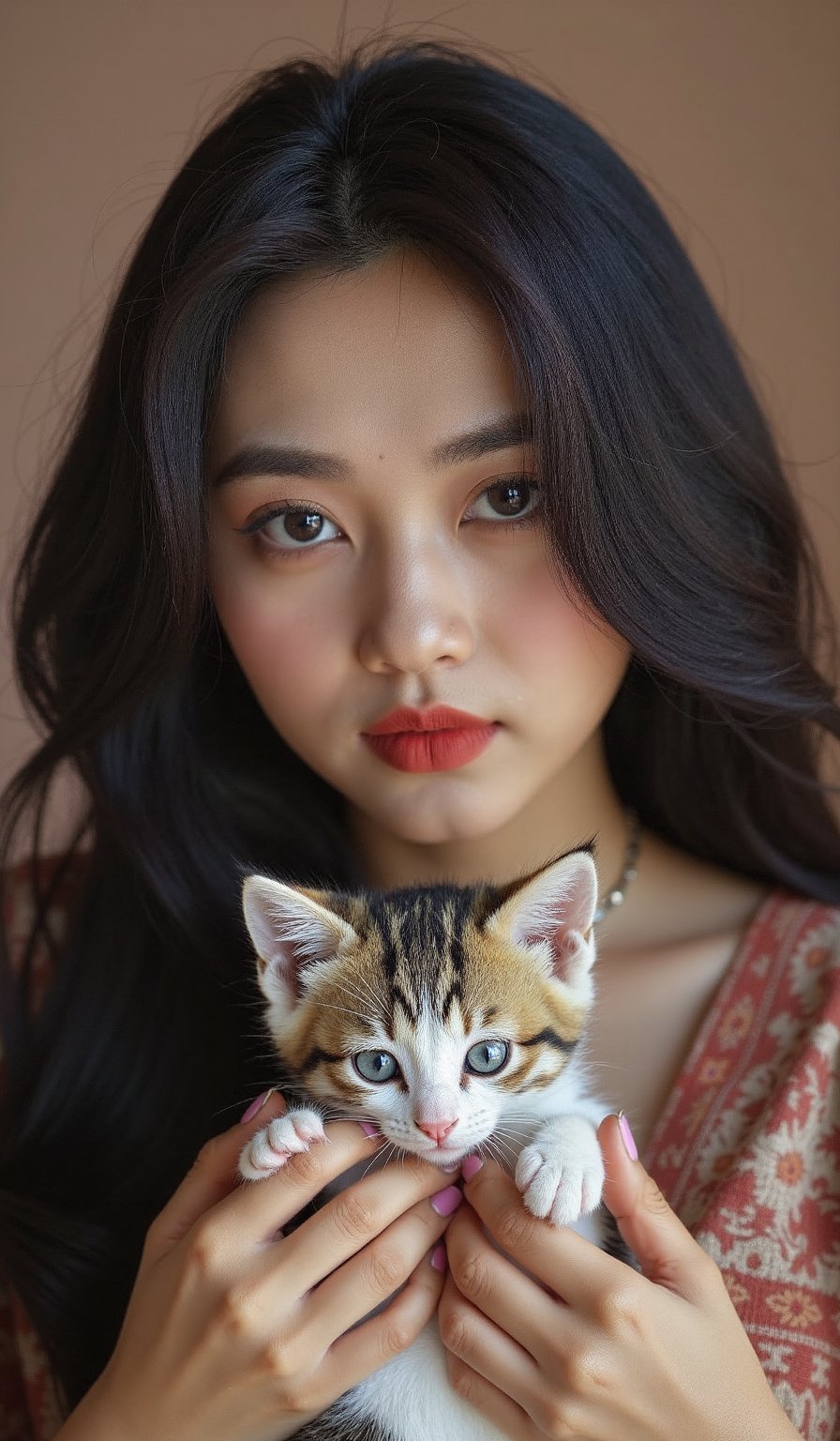 portrait of a girl name atika, full body in frame, round face, Indian bengali girl, Instagram influencer, black long hair, glossy juicy lips,blue eyes cute, kurti, 18-year-old girl, wearing casual clothes, on the couch at home, cuddling with super cute kitten, very innocent kitten in her hands