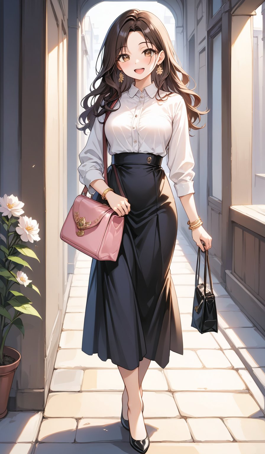 1girl, long hair, breasts, looking at viewer, blush, smile, open mouth, bangs, skirt, simple background, brown hair, shirt, black hair, long sleeves, white background, holding, brown eyes, jewelry, medium breasts, standing, full body, white shirt, flower, :d, earrings, black skirt, bag, black footwear, high heels, bracelet, parted bangs, wavy hair, floral print, plant, white flower, pink flower, high-waist skirt, handbag, shirt tucked in, holding bag