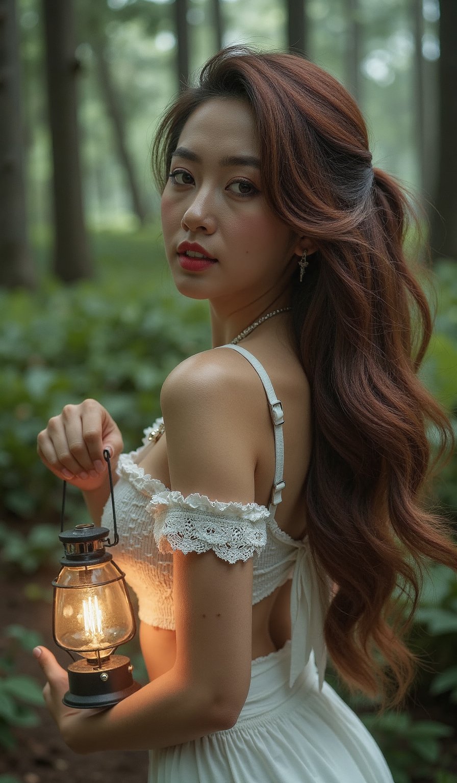 A sultry maiden stands alone in a lush forest, surrounded by towering trees and the soft glow of a lantern. Her long, wavy brown hair cascades down her back like a river of gold, framing her striking features. Her piercing blue eyes lock onto the viewer's gaze, as she gazes up at us with a subtle, closed-mouth smile. The straps of her white dress have fallen, revealing her luscious breasts and the intricate lace trim that hugs her curves. A delicate necklace glimmers around her neck, and a matching pendant rests between her cleavage, drawing attention to her stunning form. Her curly brown locks spill down her chest, as she holds a lantern aloft, its gentle light illuminating her radiant beauty against the rustic backdrop of the forest floor.