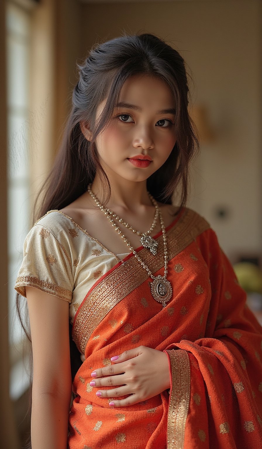 A young girl wearing a traditional saree, belly showing, young 18 beautiful girl,long hair, photorealistic, soft smile, sexy pose, flirting face, big boobs, five_fingers, infulencer, model, figure 36 28 36, realistic hands,