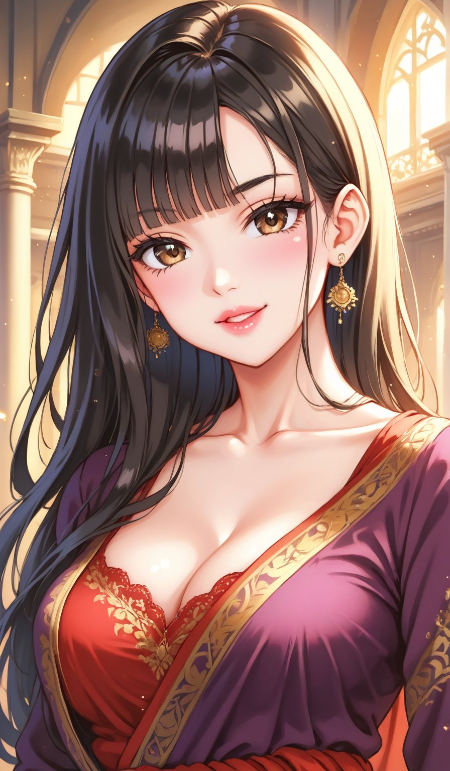 (masterpiece, top quality, best quality, official art, beautiful and aesthetic:1.2), hdr, high contrast, wideshot, 1girl, long straight black hair with blunt bangs, cheering to viewer, clearly brown eyes, longfade eyebrow, soft make up, ombre lips, hourglass body, large breast, (spring theme:1.5), finger detailed, background detailed, ambient lighting, extreme detailed, cinematic shot, realistic ilustration, (soothing tones:1.3), (hyperdetailed:1.2)