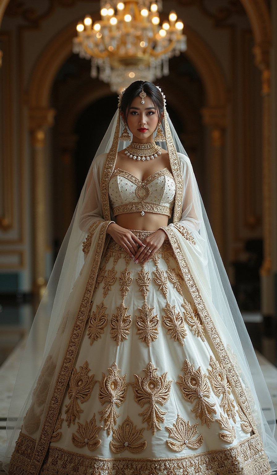 In the enchanting world of an Indian wedding, a radiant beauty dressed in a grandiose white saare with golden embroidery stands in the depths of the opulent wedding hall, engulfed in the enigmatic embrace of the dark shadows. The rich, velvety fabric of her attire billows around her, its lustrous sheen flickering against the intricately carved pillars and ornate chandeliers. Bold and boldly feminine, she poses, the Pop Art aesthetics of her densely embroidered garment striking a raw, vibrant contrast against the muted, abstract tones of the dimly lit surrounds. The energy of Graffiti and Street Art permeates the scene, those cubist lines creating a dreamlike perspective as she merges together with the vast, fluid splashes of Psychedelic color.