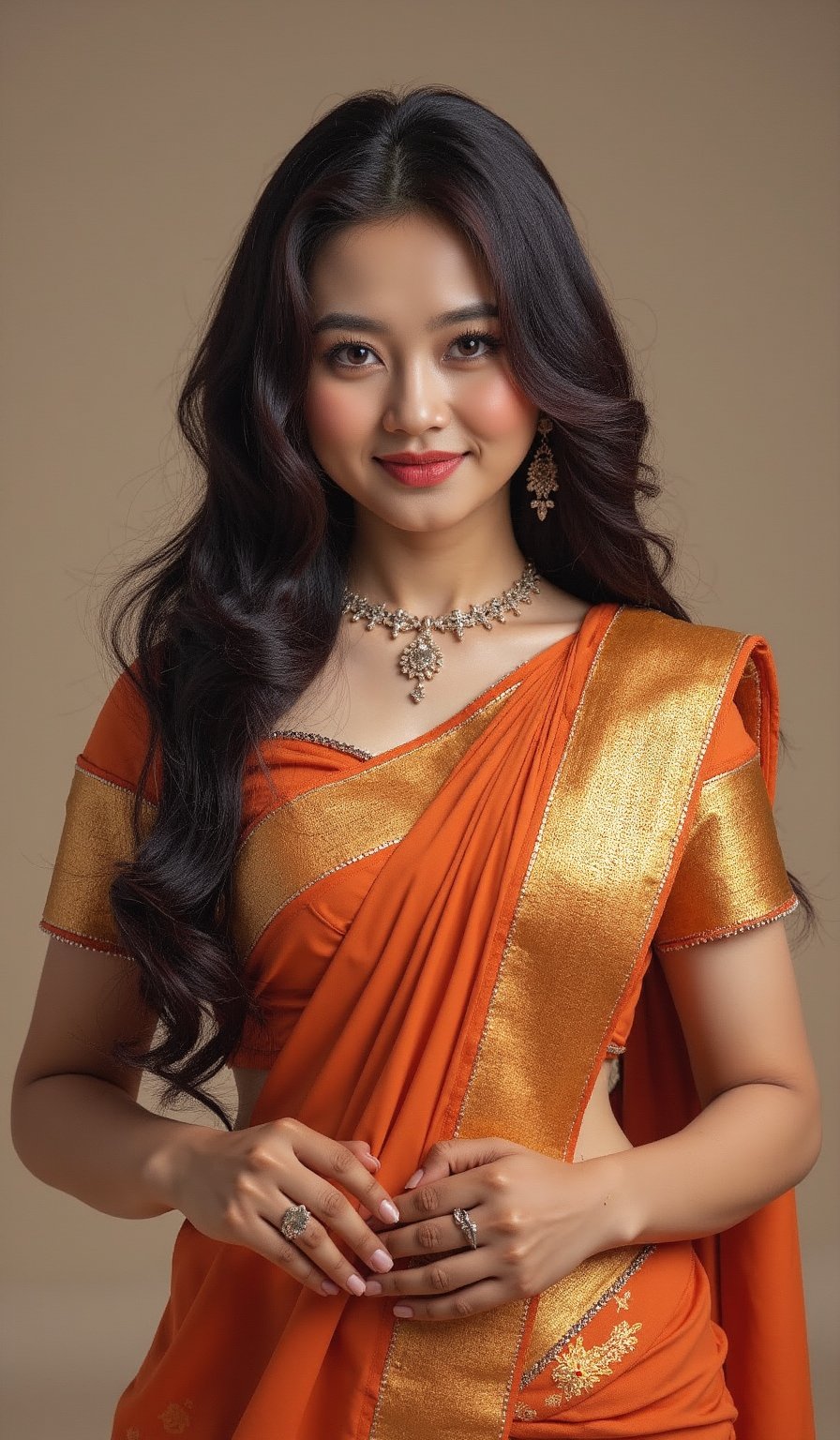 A young girl wearing a traditional saree, belly showing, young 18 beautiful girl,long hair, photorealistic, soft smile, sexy pose, flirting face, big boobs, five_fingers, infulencer, model, figure 36 28 36, realistic hands,