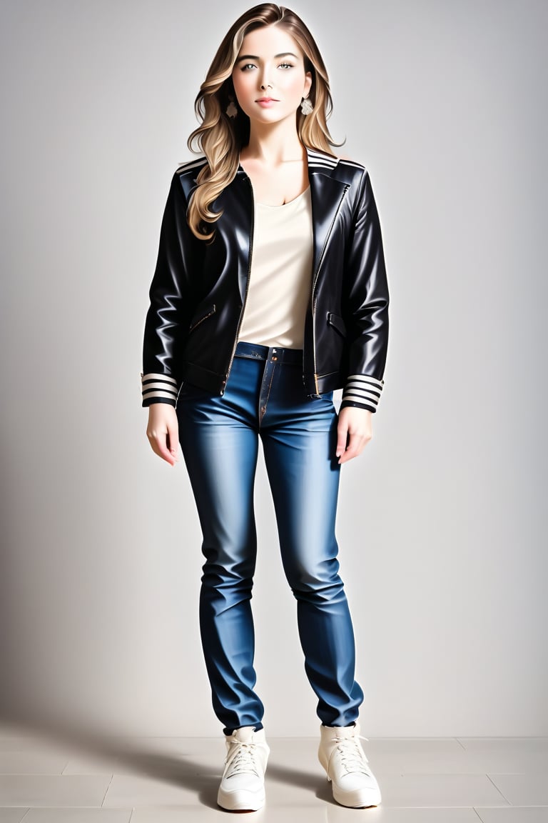 Best quality, masterpiece, ultra high res, (photorealistic:1.4), raw photo, 1girl 22 year old, blond sleek pixie long hair style, wearing Earrings, oversize black jacket bomber m1, shorts bluejeans, white sneaker, solid grey background,