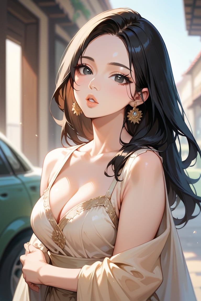 score_9,score_8_up,score_7_up, 1girl, solo, long hair, breasts, looking at viewer, black hair, cleavage, medium breasts, upper body, Earrings, parted lips, solo focus, blurry, black eyes, lips, blurry background, ground vehicle, realistic, nose