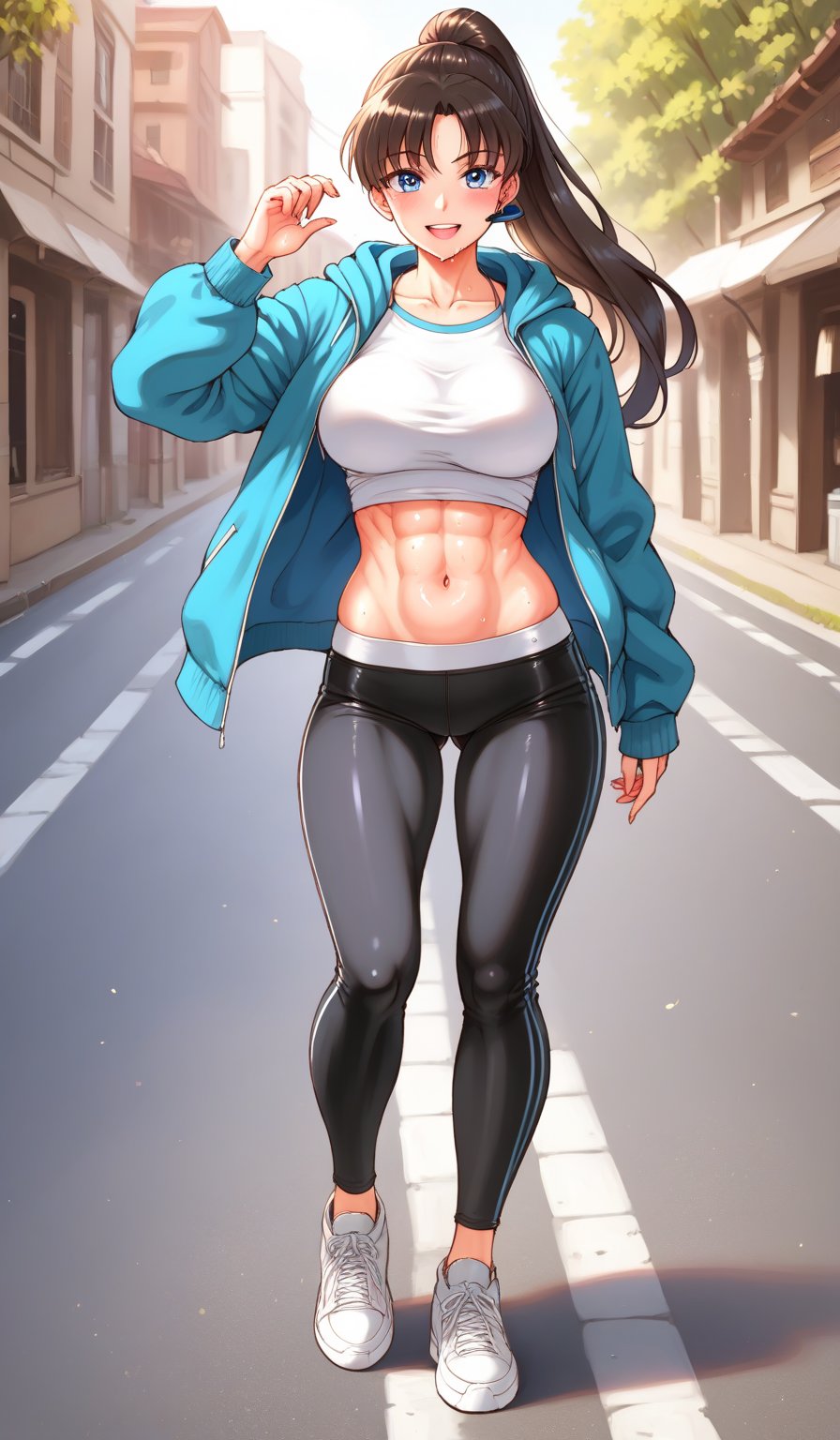 Perfectly Detailed, (masterpiece1.2), (Ultra HDR quality), (((hyper-realistic))), (((full-body_portrait))) of a sinfully beautiful 20yo indonesian woman, sole_female, brown_hair, long_ponytail,  flowing hair, silky hair,toned_female, symmetrical iris, biceps, muscular_body,Wearing an oversized pullover hoodie, , sporty jogger pants, Bluetooth wireless headset, running shoes, hat, running pose, sweating, ((pov_eye_contact)), photogenic smile.
Doing marathon. sunnyday, clear sky, depth_of_field, Adobe color grading, full_body, 130mm lens.,Sexy Muscular,fate/stay background,blurry_light_background.,perfect,perfecteyes,Makeup,flower4rmor,Flower