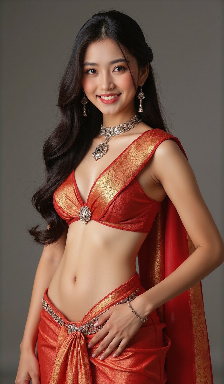 A young girl wearing a traditional saree, belly showing, young 18 beautiful girl,long hair, photorealistic, soft smile, sexy pose, flirting face, big boobs, five_fingers, infulencer, model, figure 36 28 36, realistic hands,