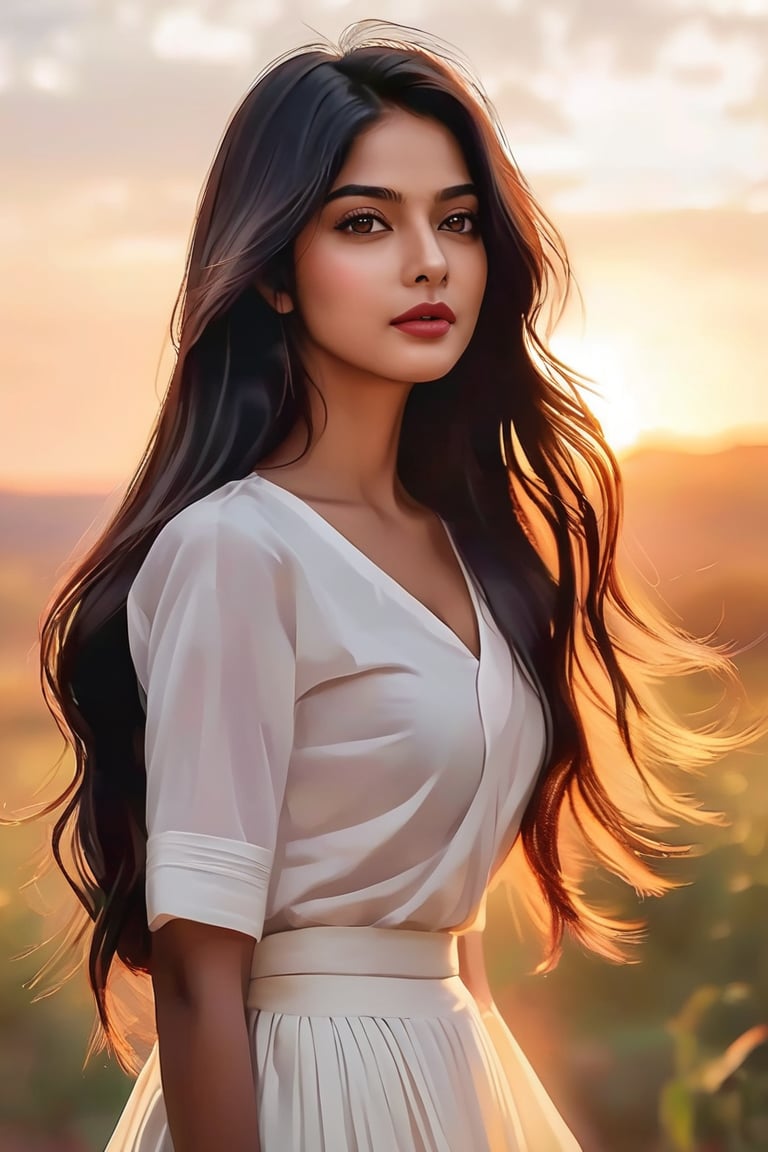 A serene Indian girl stands alone against a breathtaking sunset backdrop. Her long, dark hair cascades down her back as she wears a flowing white shirt and a pleated skirt. Her arms are wrapped around her torso, with her hands clasped together above her closed eyes. The framing of the shot showcases her upper body from the side, emphasizing her parted lips and tranquil expression. The warm golden light of the setting sun casts a flattering glow on her features, as if bathing her in peace.