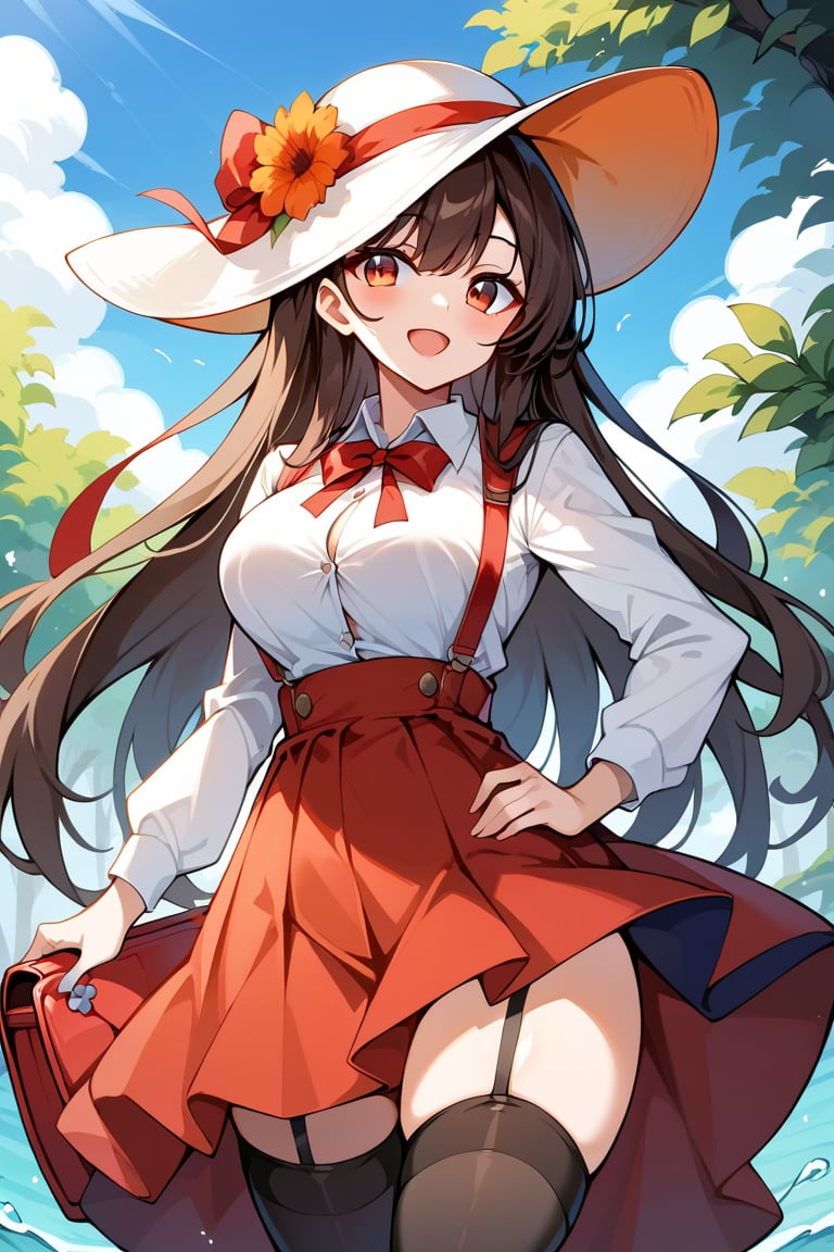 score_9,score_8_up,score_7_up, 1girl, solo, long hair, breasts, looking at viewer, blush, smile, open mouth, bangs, skirt, large breasts, brown hair, shirt, hair ornament, red eyes, thighhighs, long sleeves, hat, bow, ribbon, holding, very long hair, standing, white shirt, flower, :d, sidelocks, thighs, cowboy shot, pleated skirt, outdoors, frills, sky, day, collared shirt, black thighhighs, cloud, bag, tree, blue sky, zettai ryouiki, hand on hip, dress shirt, neck ribbon, buttons, red skirt, garter straps, suspenders, frilled skirt, sun hat, high-waist skirt, straw hat, hat flower, suspender skirt, button gap,pastelbg