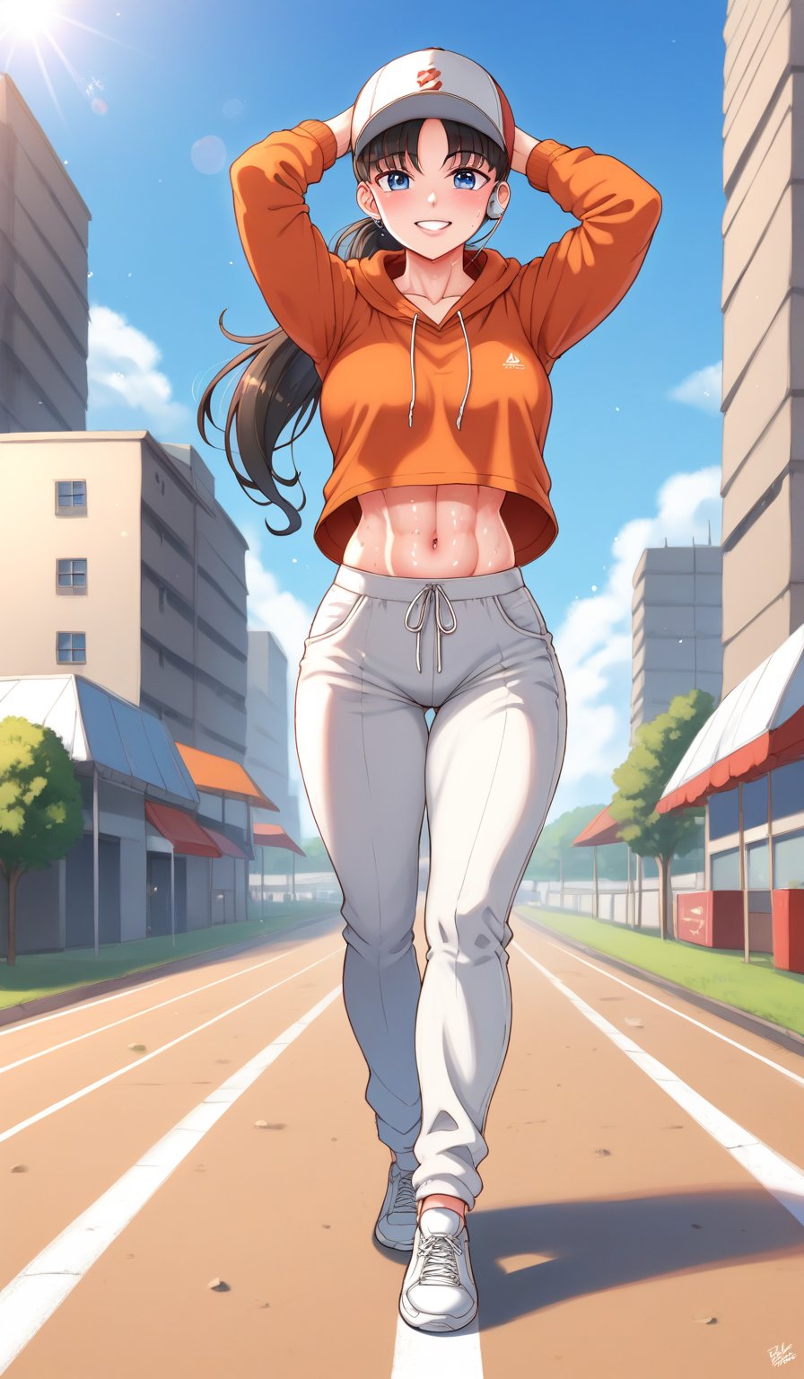 Perfectly Detailed, (masterpiece1.2), (Ultra HDR quality), (((hyper-realistic))), (((full-body_portrait))) of a sinfully beautiful 20yo indonesian woman, sole_female, brown_hair, long_ponytail,  flowing hair, silky hair,toned_female, symmetrical iris, biceps, muscular_body,Wearing an oversized pullover hoodie, , sporty jogger pants, Bluetooth wireless headset, running shoes, hat, running pose, sweating, ((pov_eye_contact)), photogenic smile.
Doing marathon. sunnyday, clear sky, depth_of_field, Adobe color grading, full_body, 130mm lens.,Sexy Muscular,fate/stay background,blurry_light_background.,perfect,perfecteyes,Makeup,flower4rmor,Flower