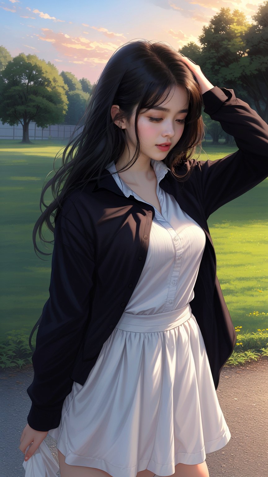 1girl, solo, long hair, skirt, shirt, black hair, long sleeves, closed eyes, white shirt, upper body, outdoors, parted lips, from side, lips, sunset