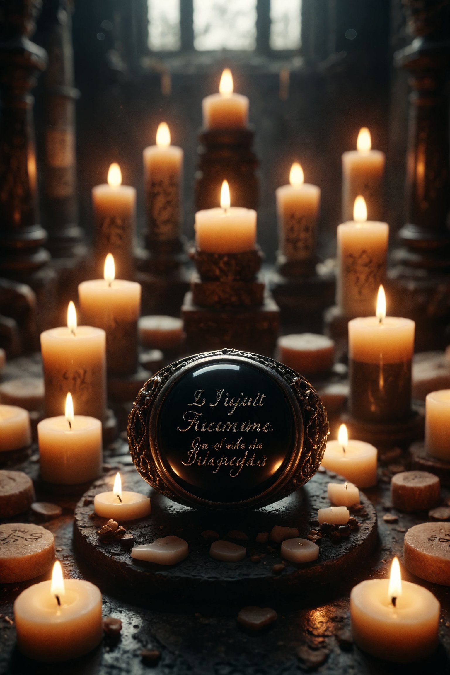 A black onyx in a ring with ancient inscriptions, absorbing light, on a dark altar surrounded by candles.