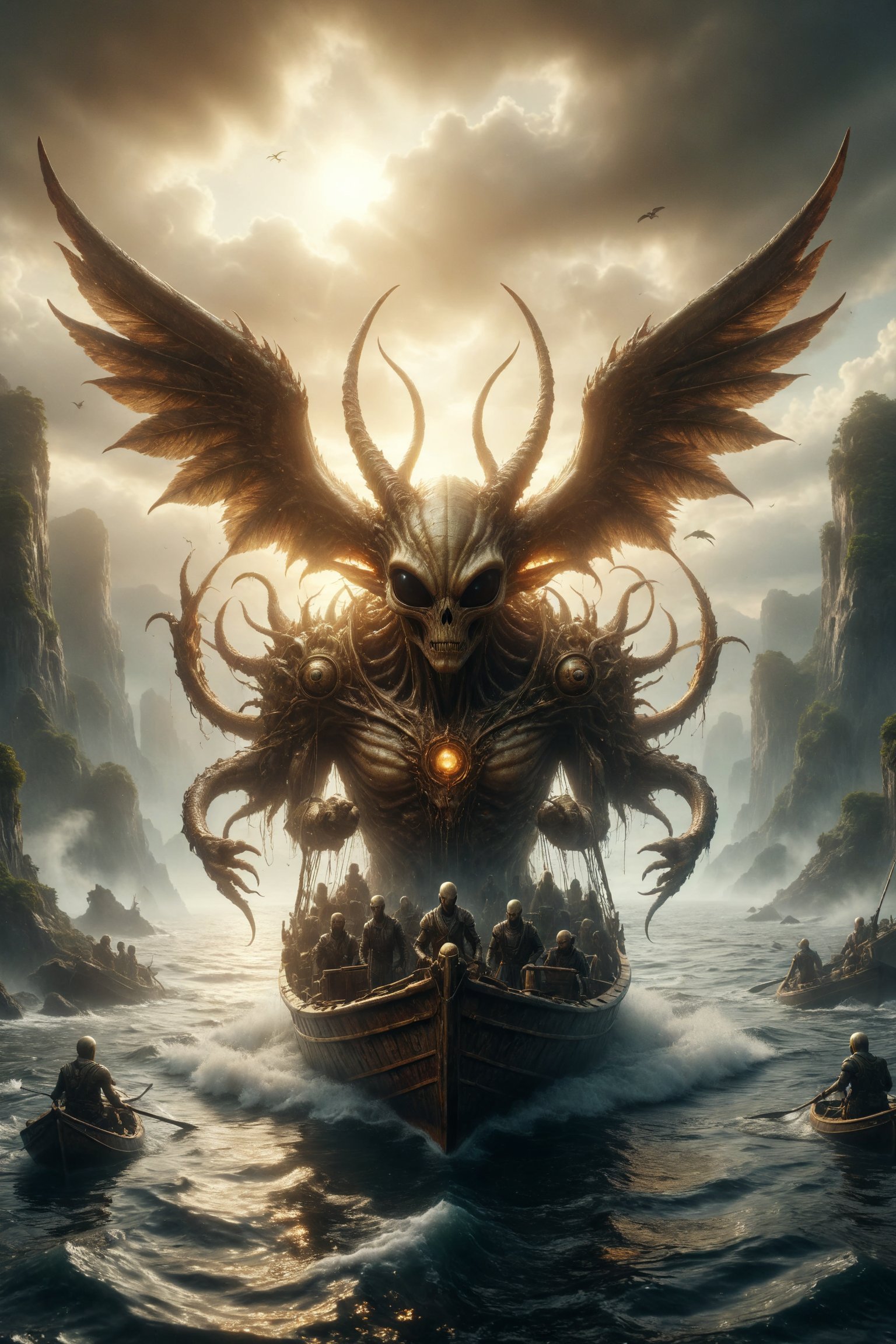 Generate a scene of a  golden luxury alien with wings and horns and its family sailing in a boat towards calm waters, leaving behind turbulent waters and six swords stuck in the bottom, symbolizing transition, journey, and overcoming.