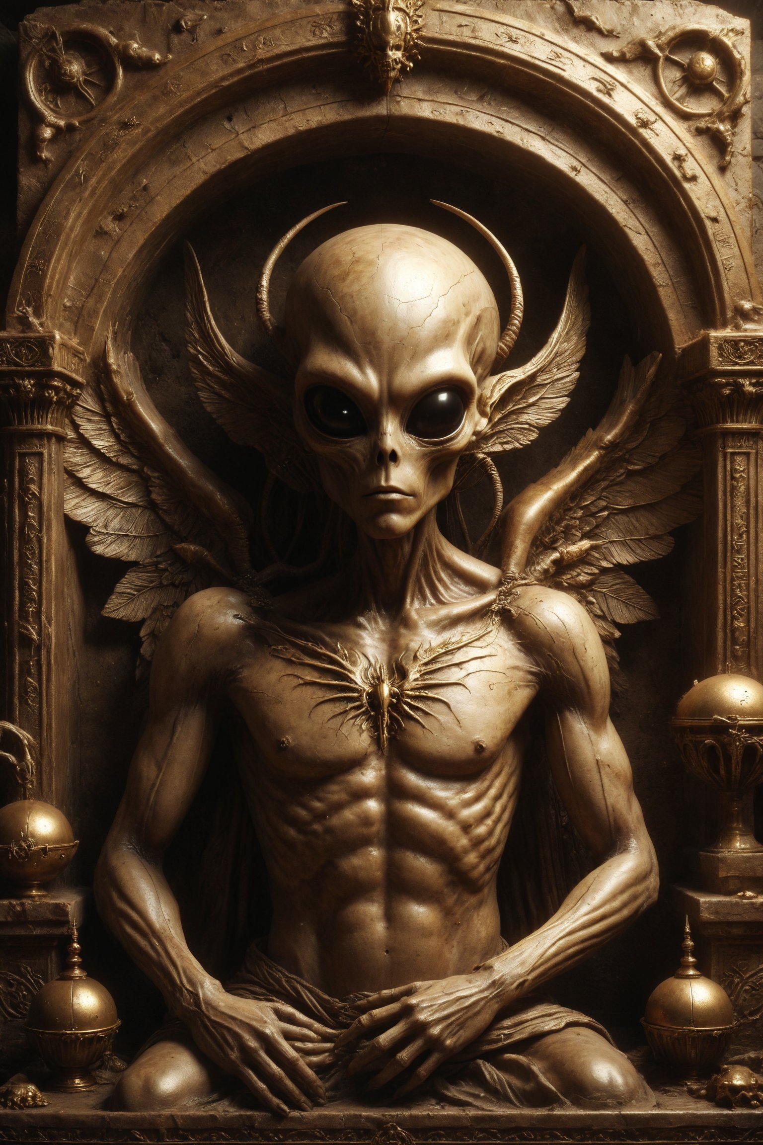 Create a scene of a golden luxury alien with wings and horns resting in a sarcophagus, with four swords crossed over it, symbolizing rest, meditation, and the need for recuperation.