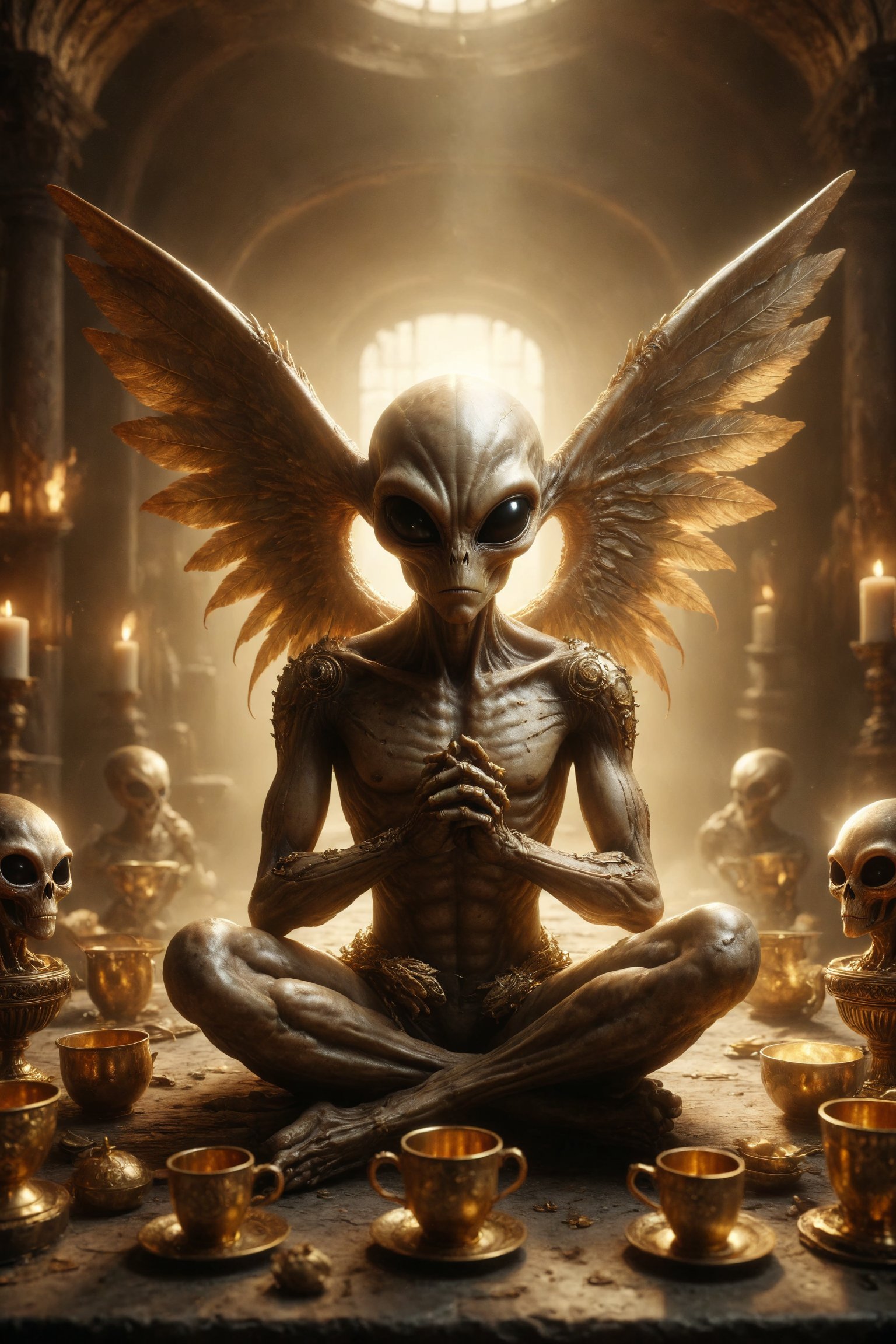 Generates an image of a golden luxury alien with wings and horns sitting with his arms crossed, with 9 golden cups behind him