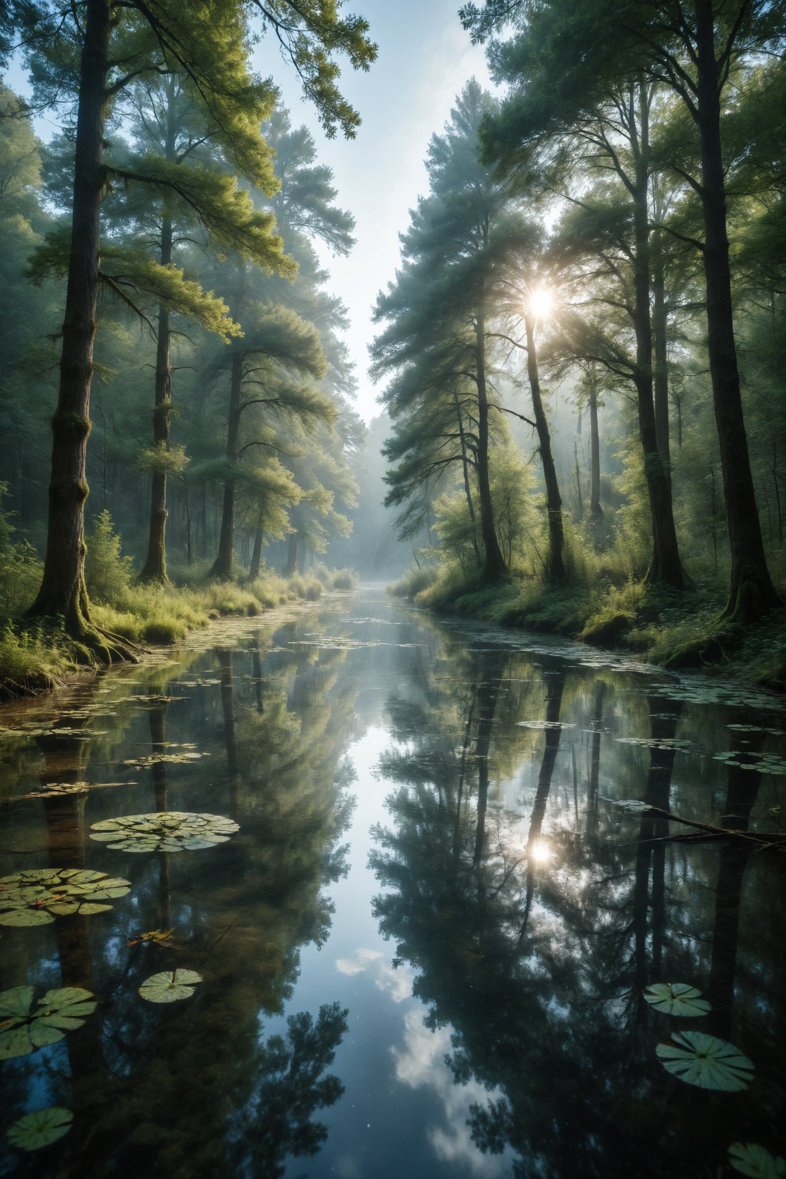 A tranquil pond in a forest, reflecting tall trees and the blue sky, with a gentle breeze creating ripples.