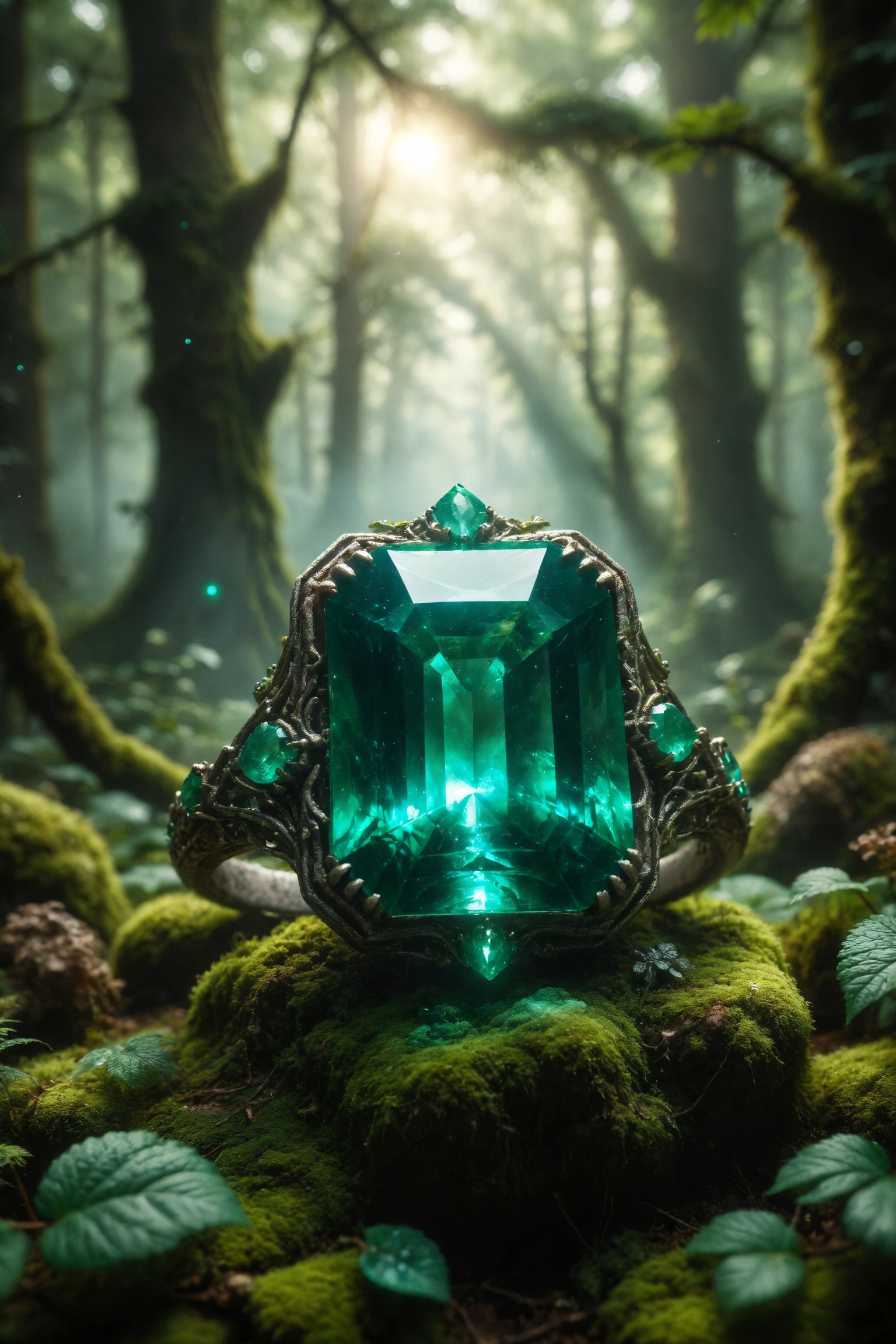 A radiant emerald set in an ancient ring, surrounded by a glowing green aura, in the middle of an enchanted forest.
