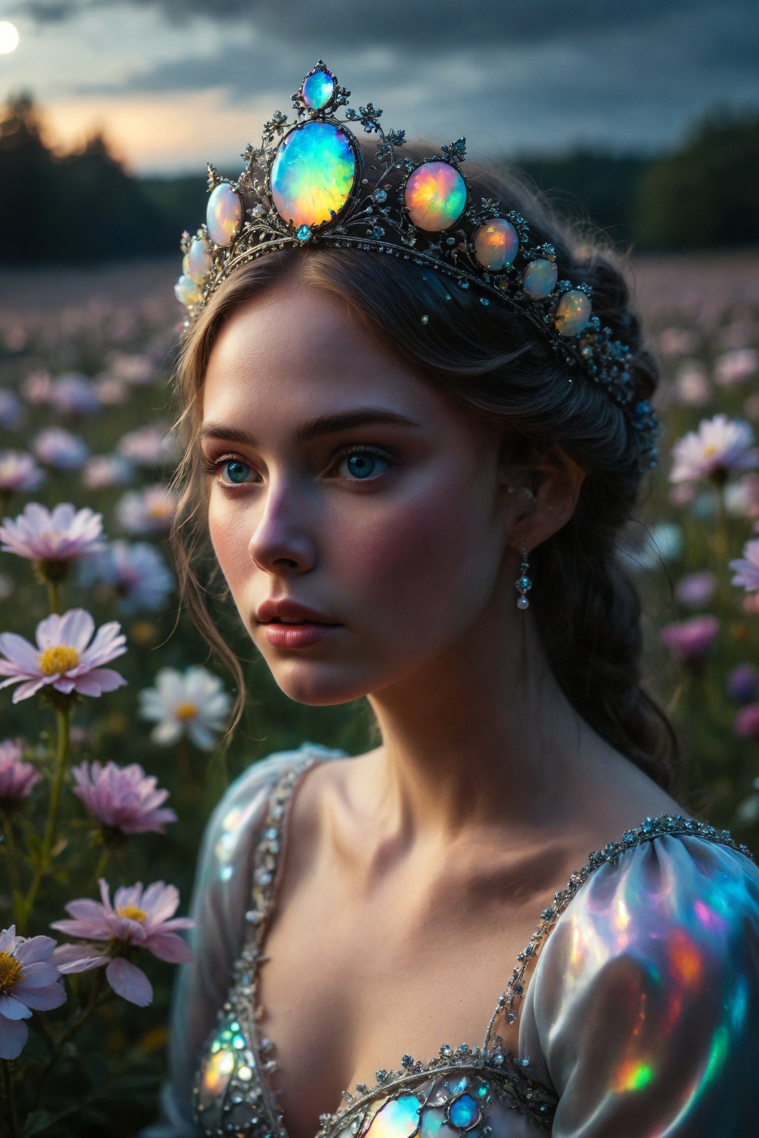 An iridescent opal in a silver tiara, reflecting all the colors of the rainbow, in a field of flowers under the moonlight.