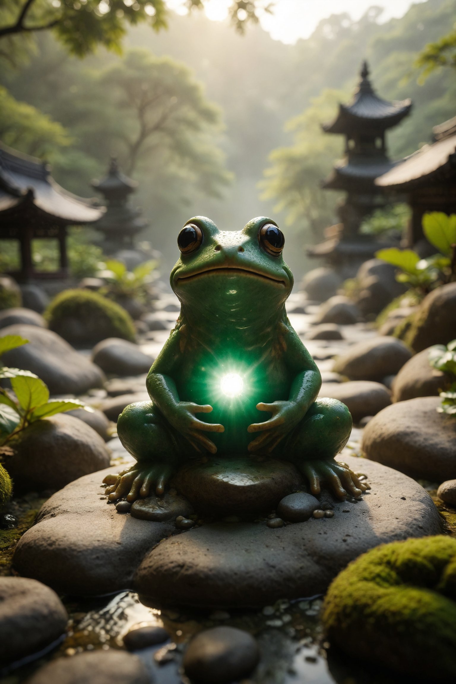 A bright green aventurine in a golden frog statue, radiating luck, in a zen garden at dawn.