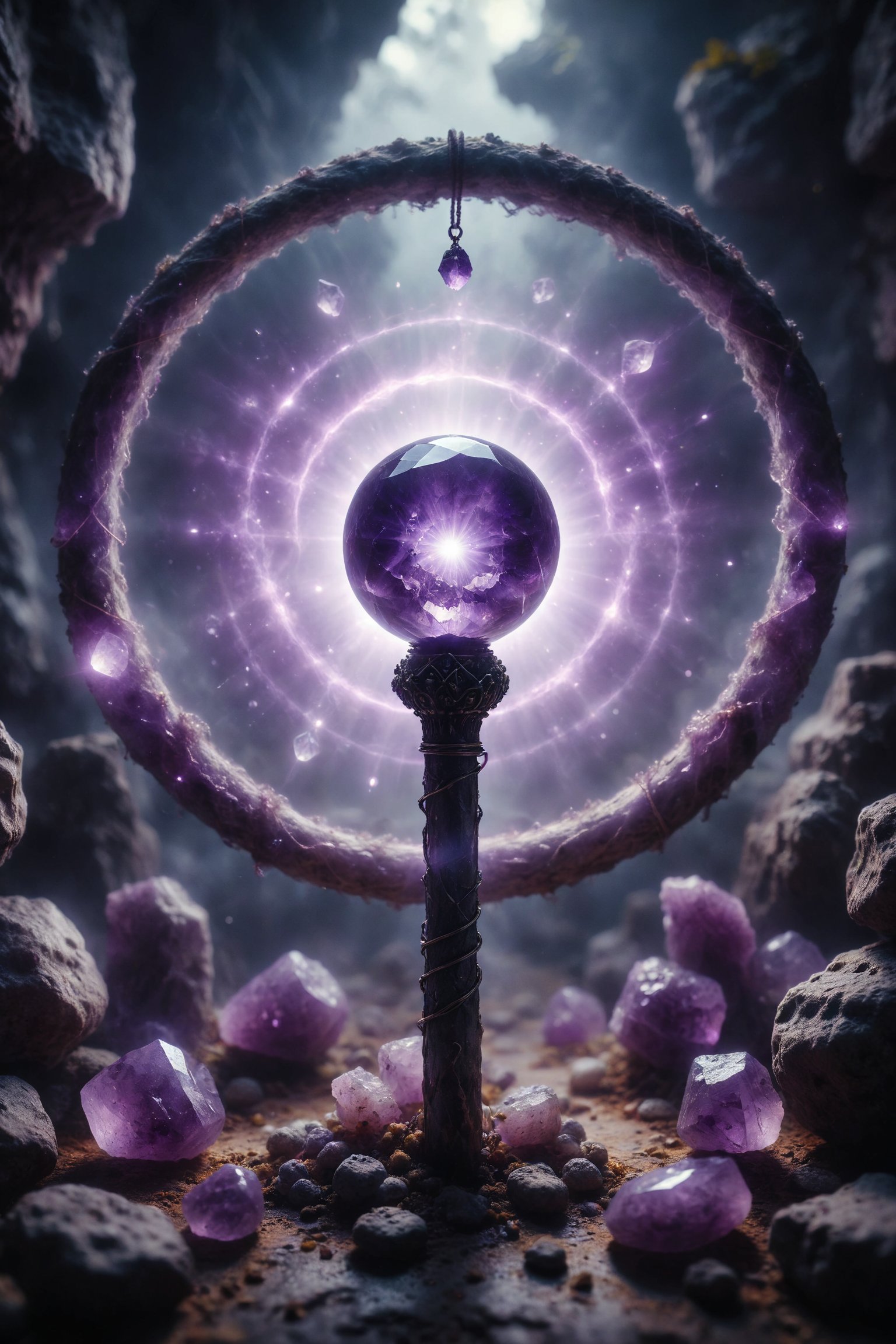 A mystical amethyst in a magical staff, glowing with a soft violet light, in a circle of ancient stones.