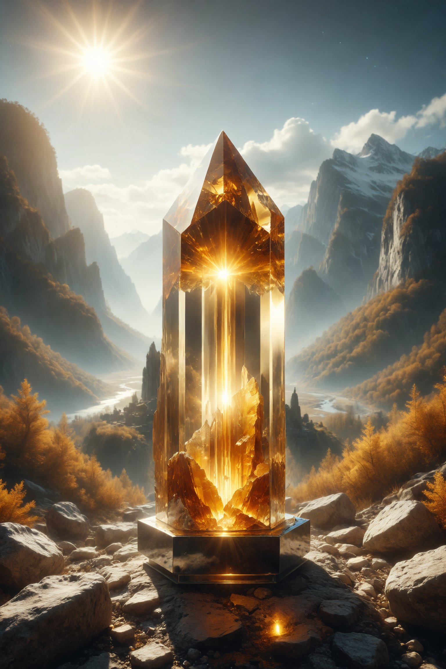 A  golden topaz in a crystal tower, radiating light, in a mountainous valley under a clear sky.