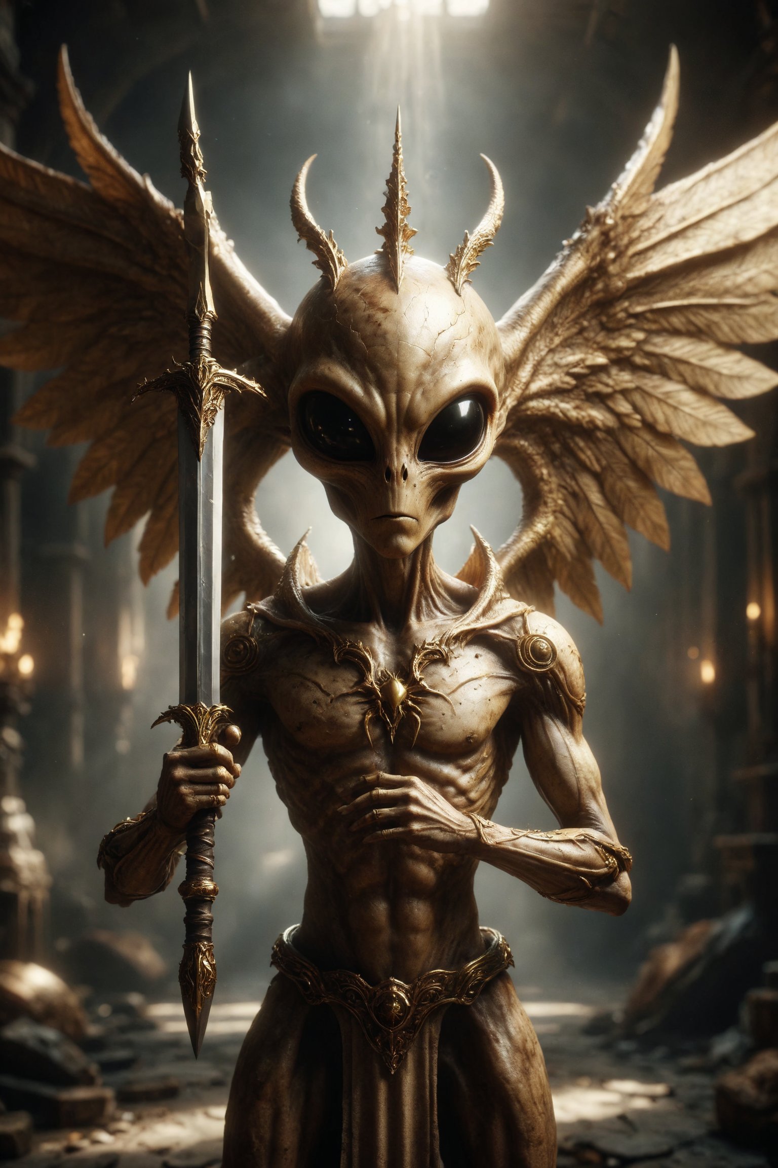 Create an image of a  golden luxury alien with wings and horns  holding a sword high, with a crown on the tip