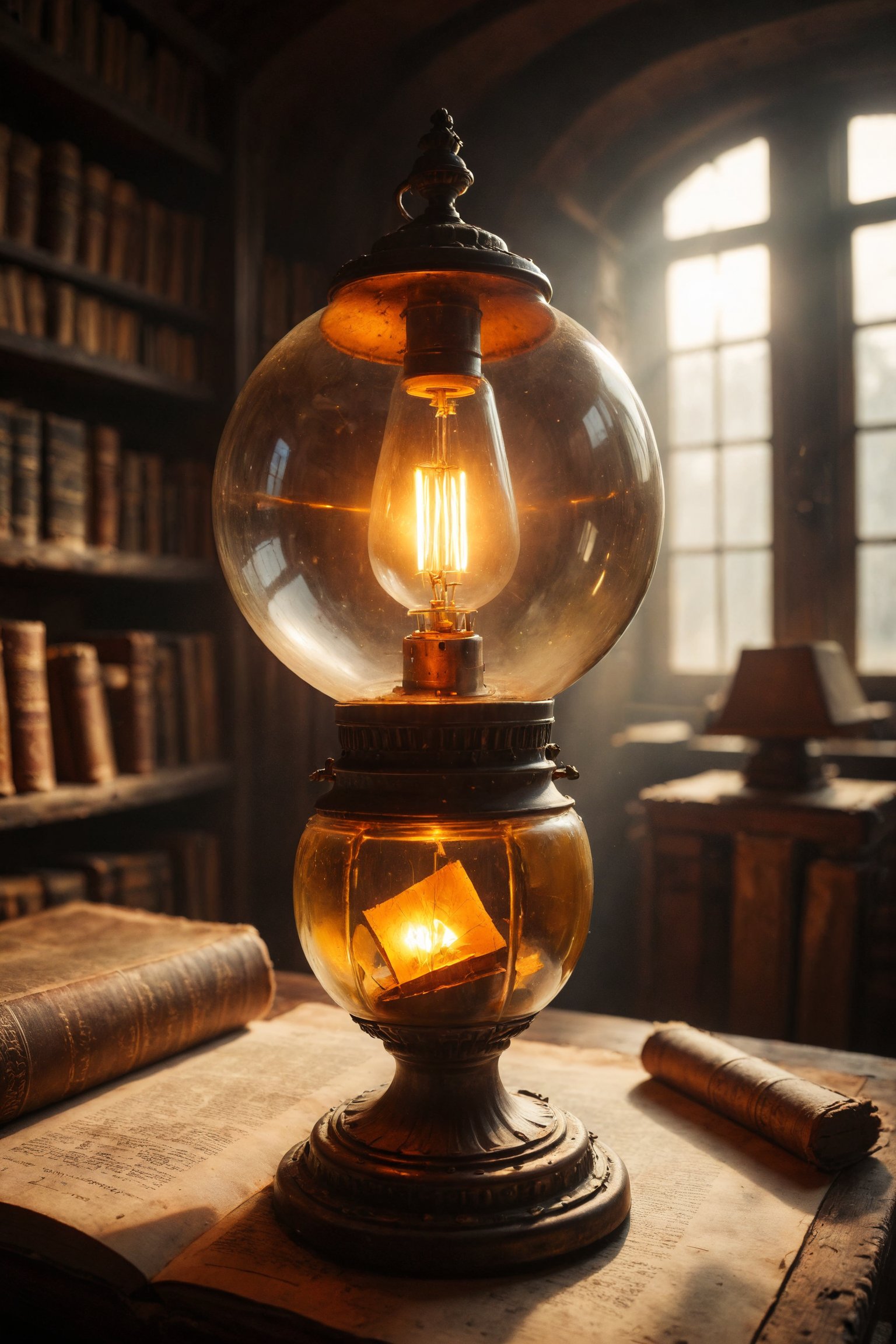 A golden citrine in an antique lamp, radiating warmth, in a library filled with ancient books and manuscripts.