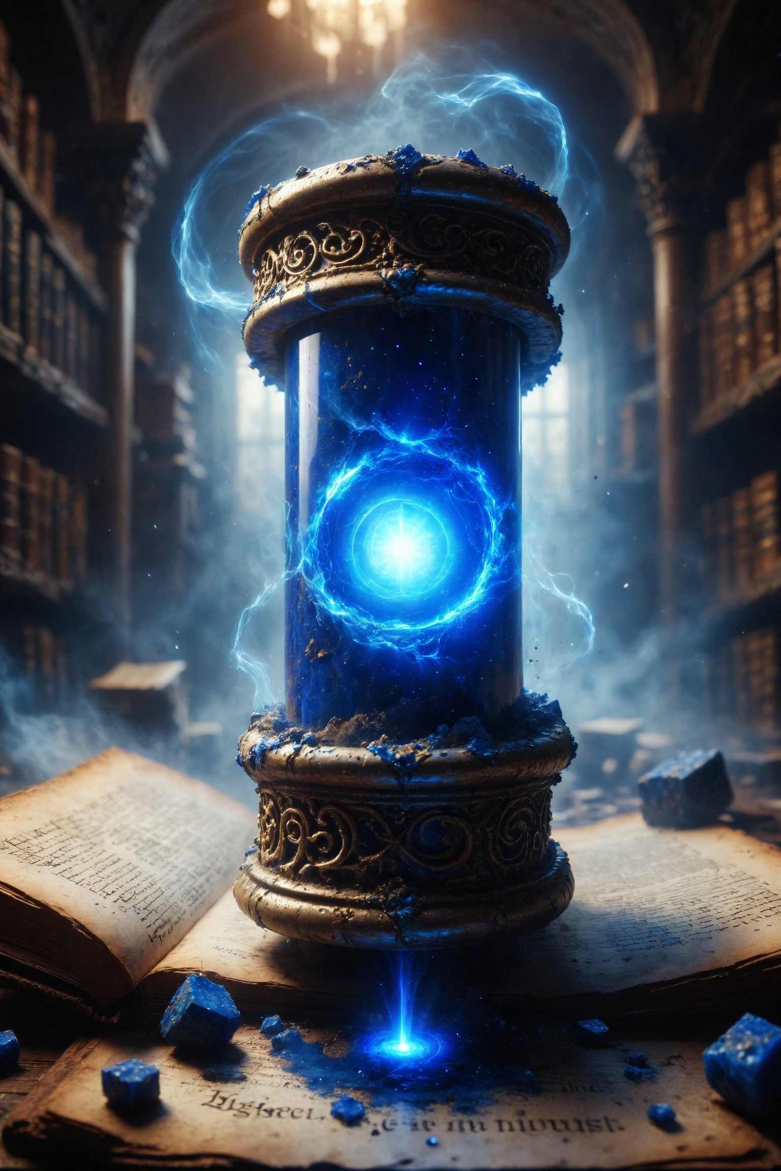 A deep lapis lazuli embedded in an ancient scroll, emitting a blue energy, in an arcane library.