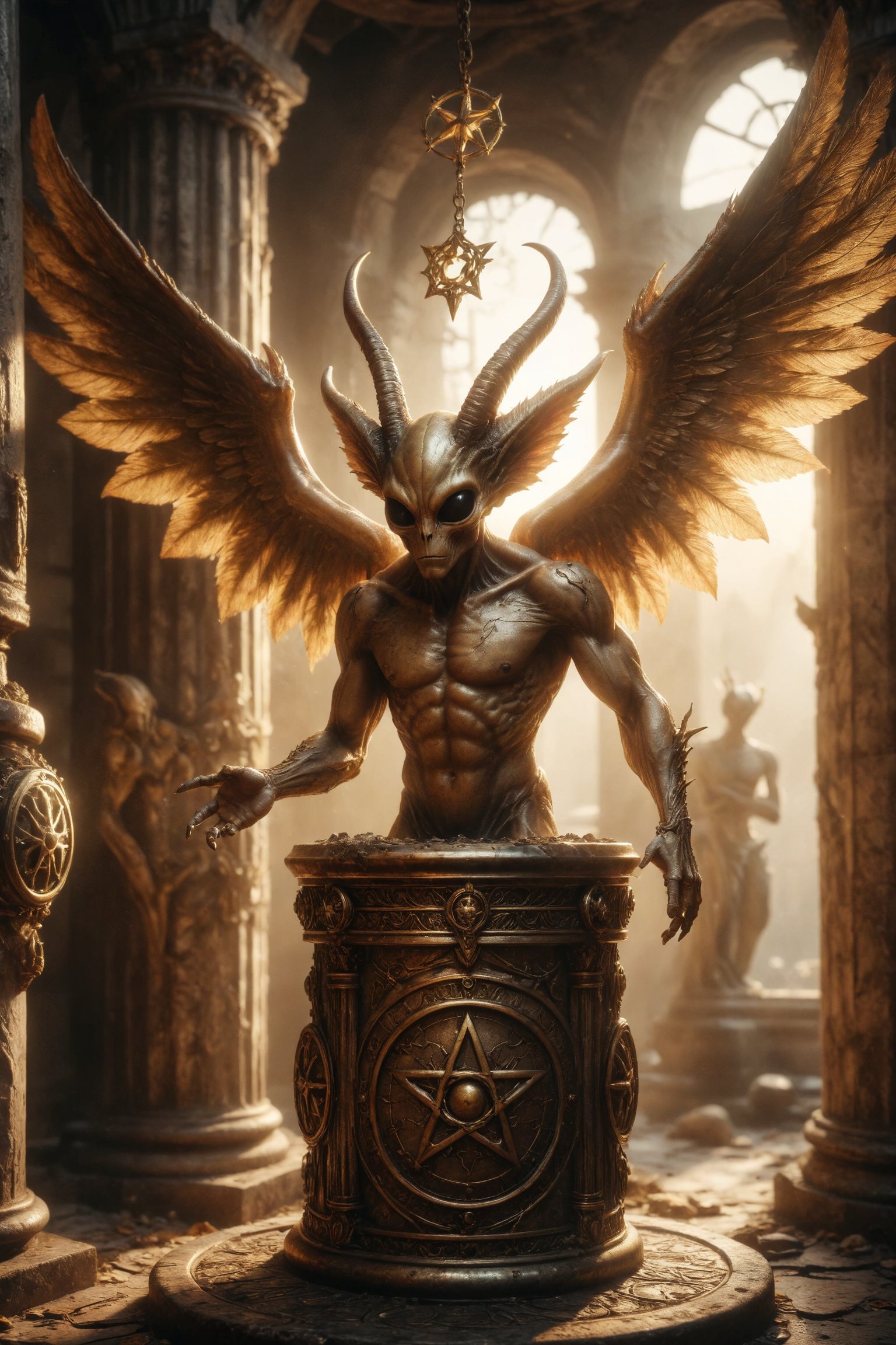 Generates an image of 3 trhee male golden luxury alien with wings and horns working on a column with 3 pentacles engraved on it