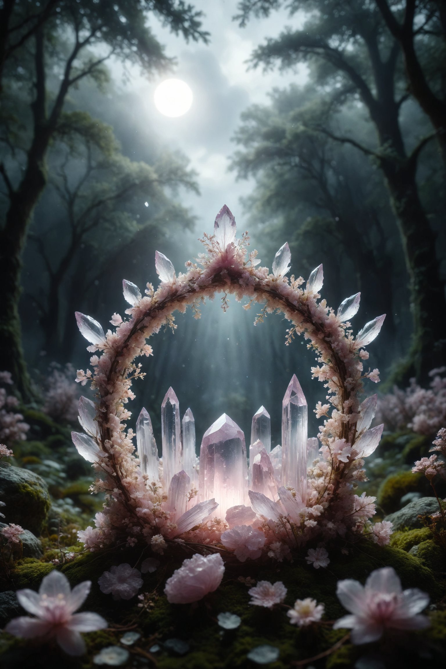 A pale pink kunzite in an ethereal crown, emitting a soft light, in a magical clearing under the moonlight.