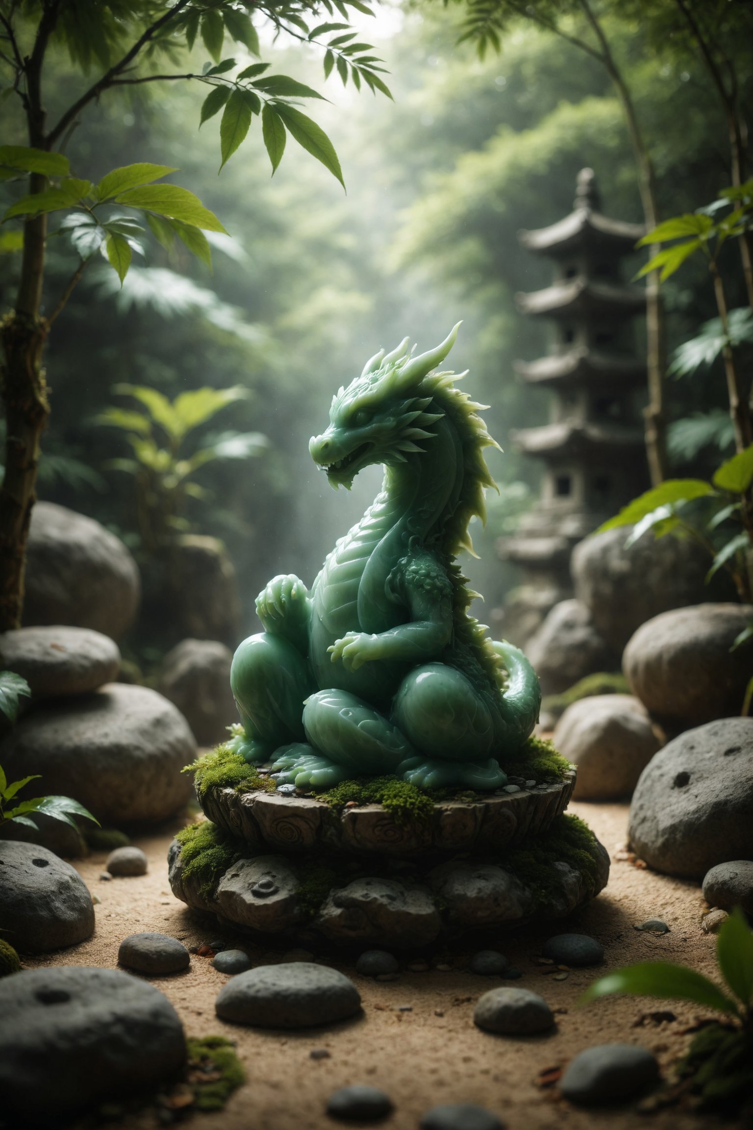 A soft green jade in a dragon statue, emanating tranquility, in a zen garden surrounded by bamboo.